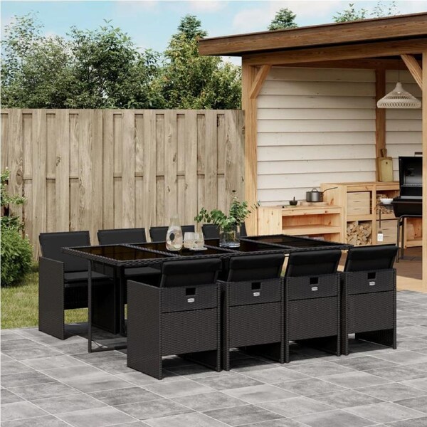 9 Piece Garden Dining Set with Cushions Black Poly Rattan vidaXL