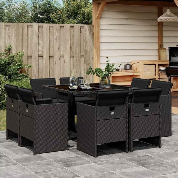 9 Piece Garden Dining Set with Cushions Black Poly Rattan vidaXL