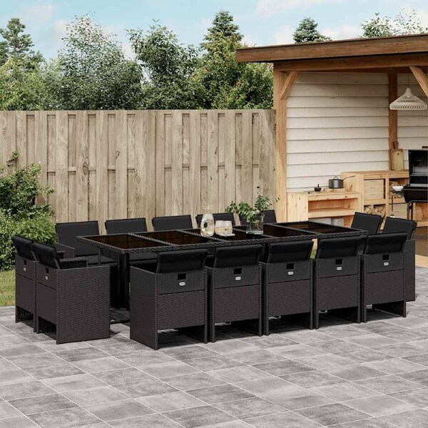 15 Piece Garden Dining Set with Cushions Black Poly Rattan vidaXL