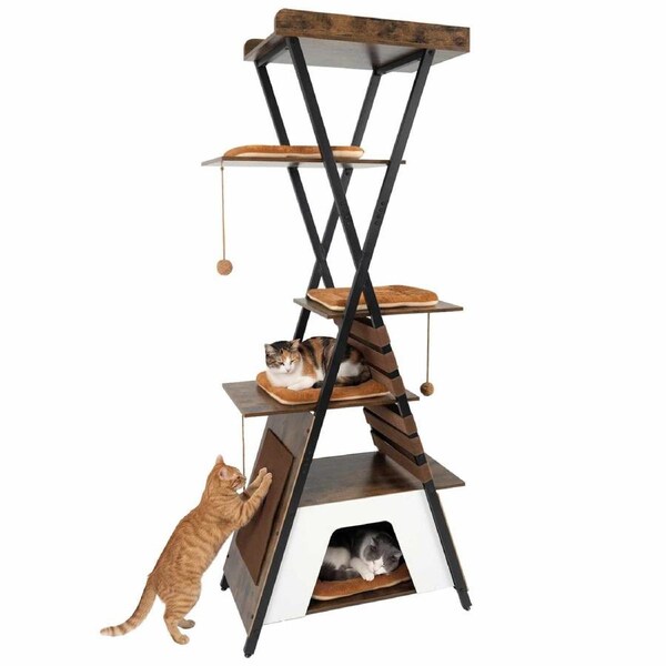 Costway Modern Cat Tree 185CM 5-Tier Tower Large Condo Perch X-shape Metal Balls Scratching Pad Mats 4 Platform Brown