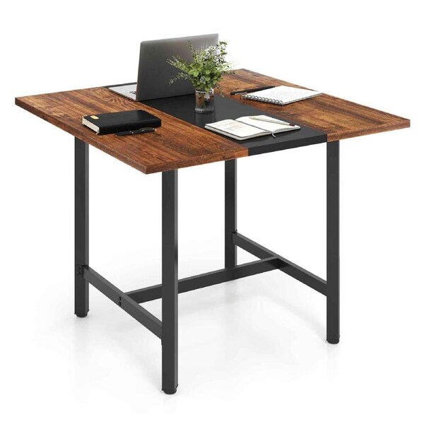 Costway Metal Office Desk Thick Top Conference Table Square Writing Table Seats 4 Dining Meeting Work Seminar Brown