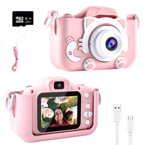 HOLALA Kids Camera Toys with Cartoon Soft Cover Children Digital Video Camcorder Camera-Pink