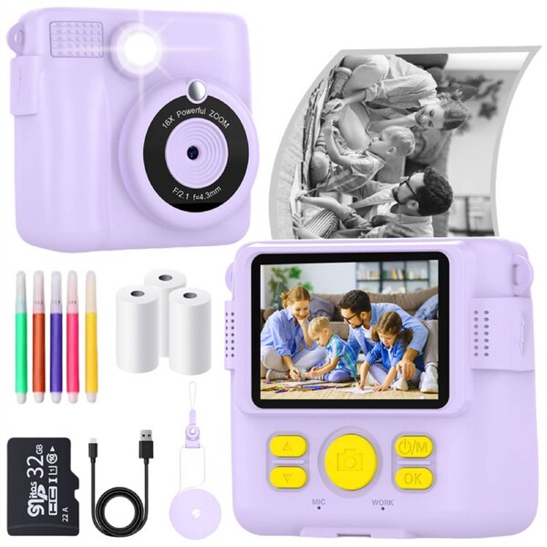HOLALA Instant Print Camera for Kids with 3 Rolls of Printer Paper 32GB SD Card-Purple