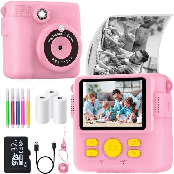HOLALA Instant Print Camera for Kids with 3 Rolls of Printer Paper 32GB SD Card-Pink