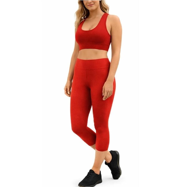 Womens Crop Top Leggings Set Stretch Gym Yoga Party Outfit - Red