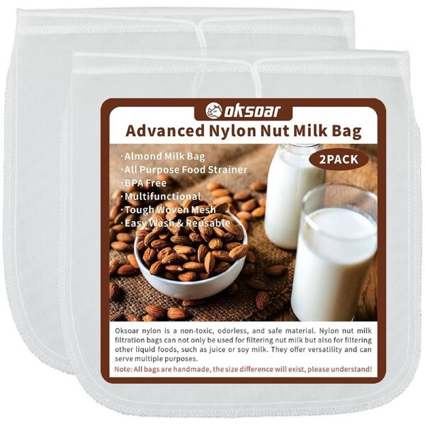 2 Pcs Pro Quality Nut Milk Bag, Nylon Nut Milk Bag - Big 12"X12" Commercial Grade - Reusable Almond Milk Bag & All Purpose Food Strainer - Fine Mesh Nylon Cheesecloth & Cold Brew Coffee Filter