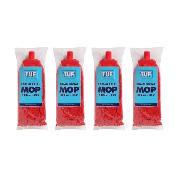 4PK TUF Heavy Duty Performance Commercial Blended Fibre Mop Red 400gm