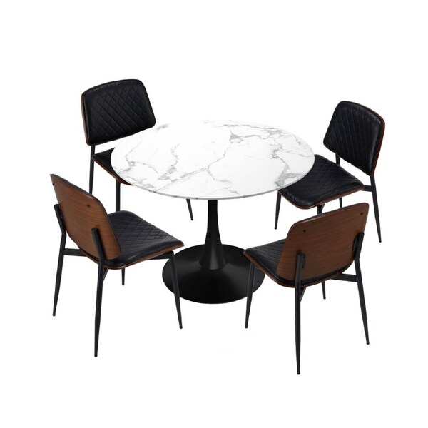 Oikiture 4 Seater Dining Table Set 90cm Round Table and 4pcs Dining Chairs PU Leather