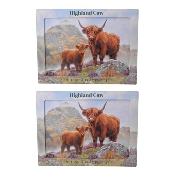 2PK 4pc Macneil Highland Cow Rectangle Placemat Set Cork Laminent