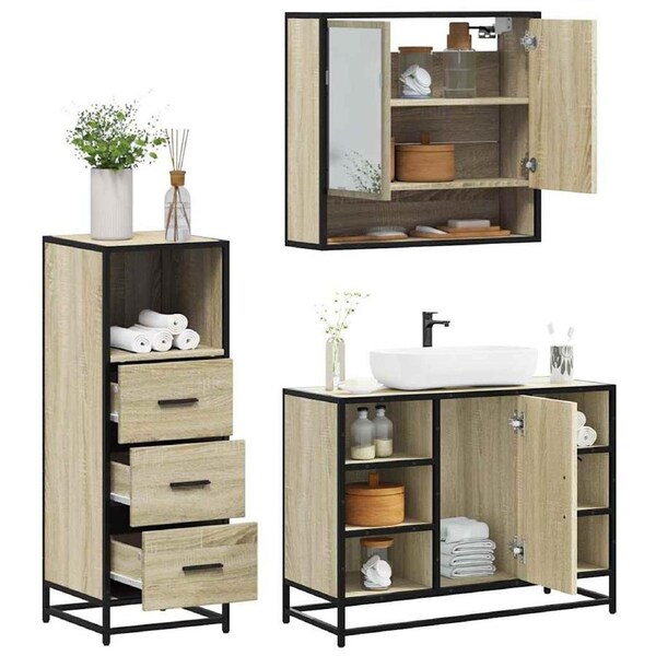 3 Piece Bathroom Furniture Set Sonoma Oak Engineered Wood vidaXL