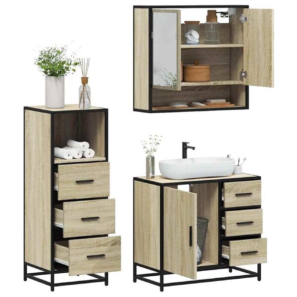 3 Piece Bathroom Furniture Set Sonoma Oak Engineered Wood vidaXL