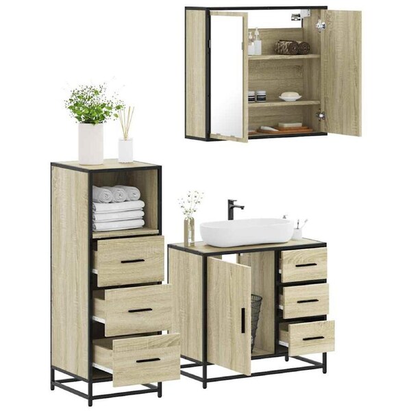 3 Piece Bathroom Furniture Set Sonoma Oak Engineered Wood vidaXL