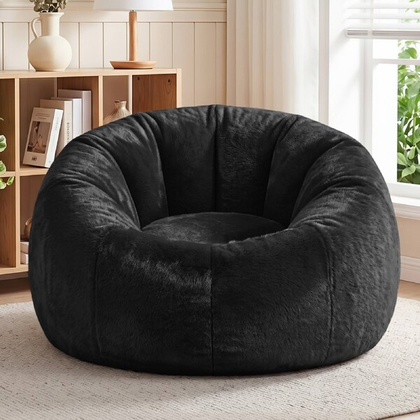 Artiss Bean Bag Chair Cover Faux Fur No Filler Washable Lazy Sofa Cover Black