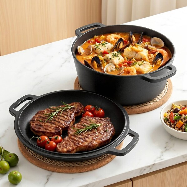 5-Star Chef 5L 2-In-1 Pre-Seasoned Cast Iron Dutch Oven Pot with Lid and Dual Handles