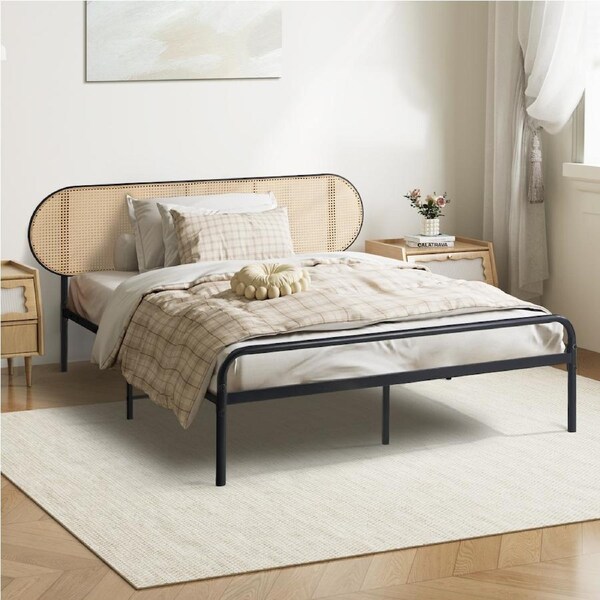 Oikiture Bed Frame Queen Double King Single Metal Base Platform Rattan Headboard King Single