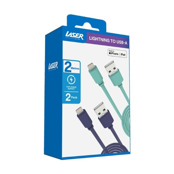 2pc Laser USB-A MFi Certified Apple Lightning Charging Cable Set 2m Green/Blue