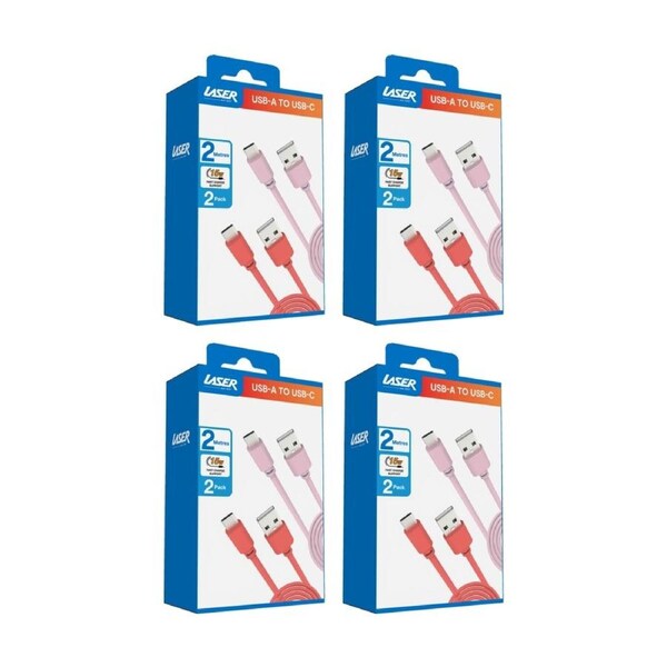 4x 2pc Laser USB-C to USB-A Fast Charging Cables Set 2m Pink/Red