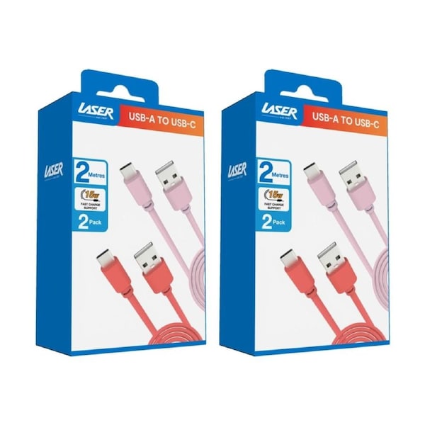 2x 2pc Laser USB-C to USB-A Fast Charging Cables Set 2m Pink/Red