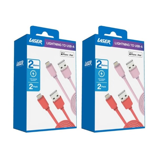2x 2pc Laser USB-A To MFi Certified Apple Lightning Cable Set 2m Red/Pink