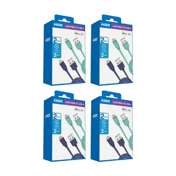 4x 2pc Laser USB-A To MFi Certified Apple Lightning Cable Set 2m Green/Blue