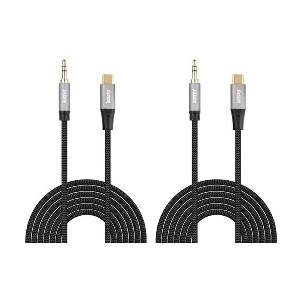 2PK Laser USB-C To 3.5mm AUX Braided Durable Wire Audio Cable 2m Black