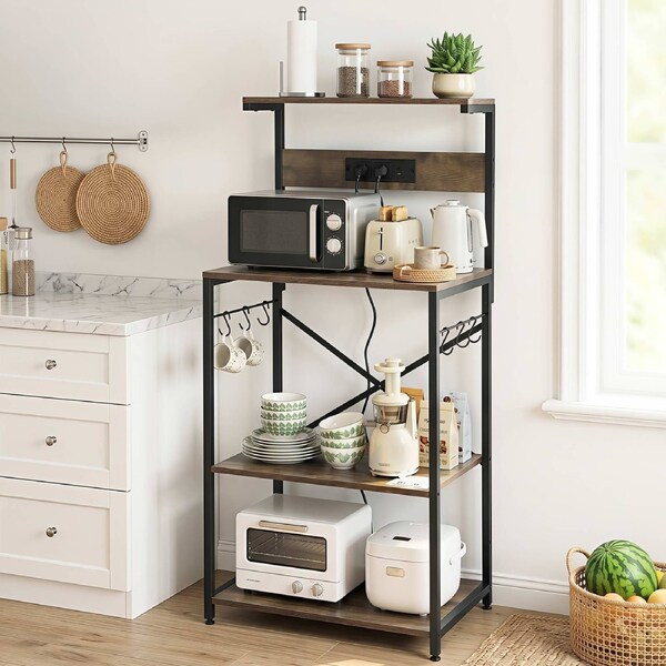 Artiss 4-Tier Kitchen Rack with 2 Power Outlets 6 Hooks Microwave Bakers Storage Shelf 60cm x 130cm
