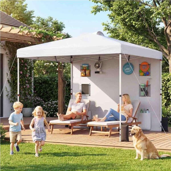 Costway 3x3m Pop up Canopy Tent Sidewall 6 Pocket Gazebo UPF50+ Vented Sun Shelter Portable Outdoor Bag Commercial Beach Camping