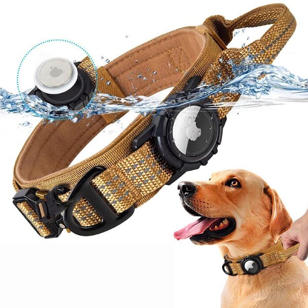 AirTag Dog Collar With Handle Tactical Dog Collar For Dogs-Khaki M