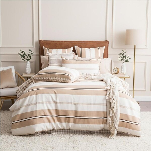 Renee Taylor Textured Cotton Reversible Quilt Cover Set Beige Stripe Super King