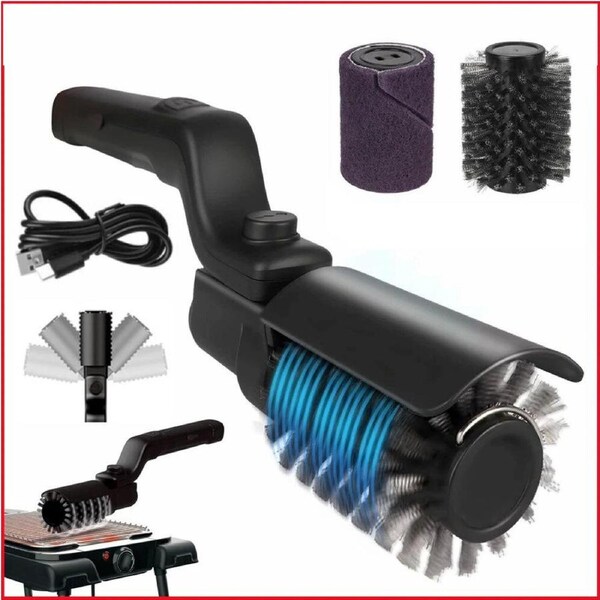 Rechargeable Black Electric BBQ Grill Brush with Two Replacement Brushes