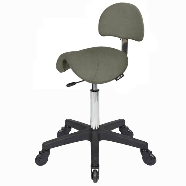 Saddle Forest Green Salon Stool with Back - Black Base - Click'n Clean Castor Wheels