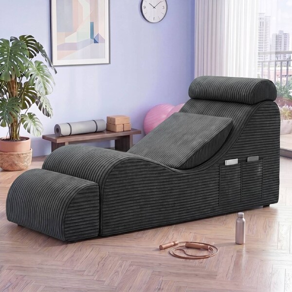 Advwin Convertible Yoga Chair Chaise Lounge Ergonomic Memory Foam with Headrest Lumbar Pillow Ottoman Grey