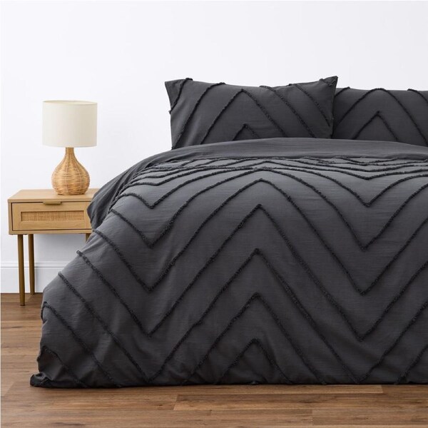 Openook Cotton Chevron Tufted Quilt Cover Set - Henley Charcoal King