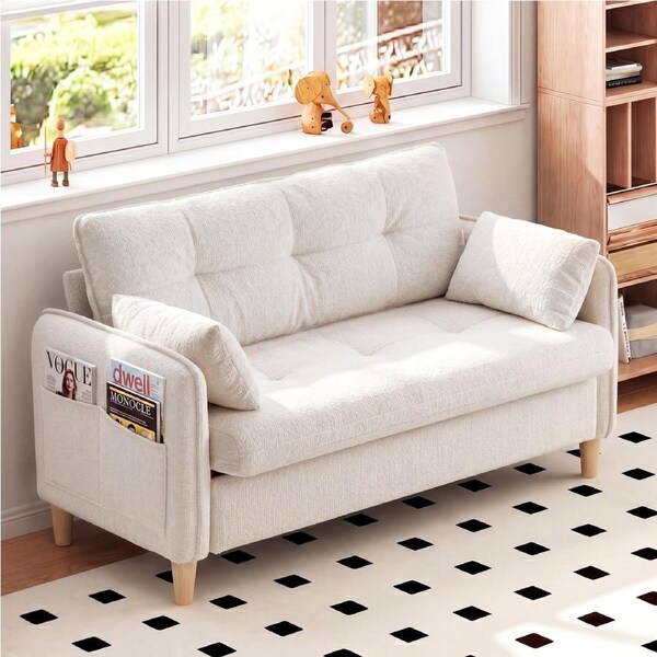 Advwin 2 Seater Sofa 127cm Chenille Tufted Upholstered Loveseat Couch Beige