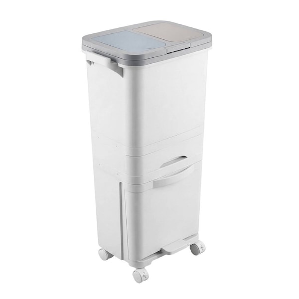 42L 3 Tier Rubbish Recycling Bin with Wheels 3 Compartment Kitchen Waste Sorter Removable Buckets
