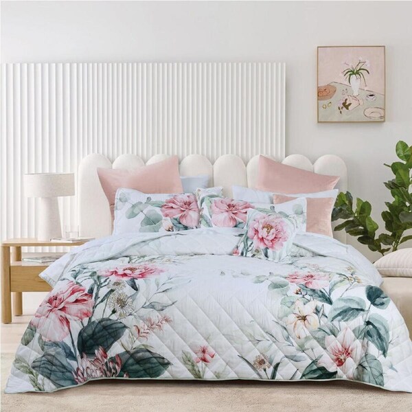Bianca Coleraine Super King Poly Bedspread & Pillowcase Set White Floral