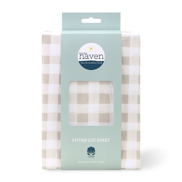 Little Haven Cot Fitted Natural Check Comfort/Cozy Baby Bedding Sheet 135cm