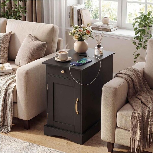 Giantex End Table w/Charging Station Narrow Nightstand w/Drawer Adjustable Shelf USB & Type-C Ports Wooden Side Table for Living Room & Bedroom Black