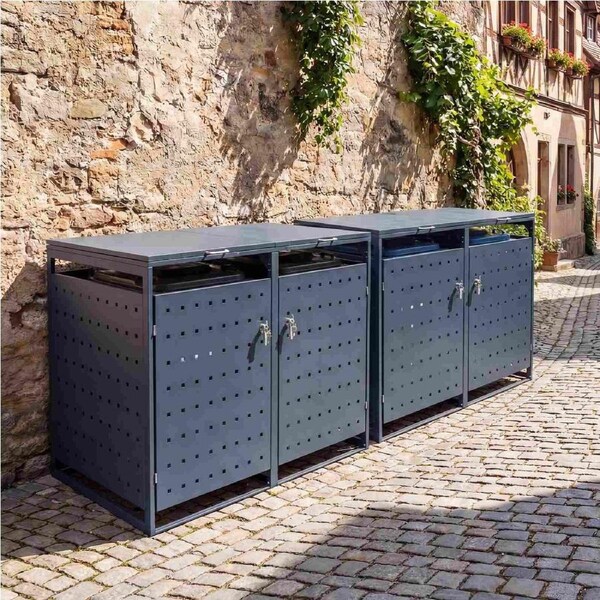 Giantex Outdoor Metal Trash Bin Storage Shed for 2 Cans Lockable Double Doors Gas Struts & Shock Absorbers Durable Yard & Garden Enclosure