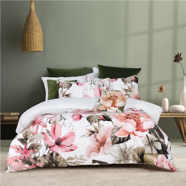 Bianca Eliana White Cotton Sateen Quilt with Floral Design Cover Bedding Set King