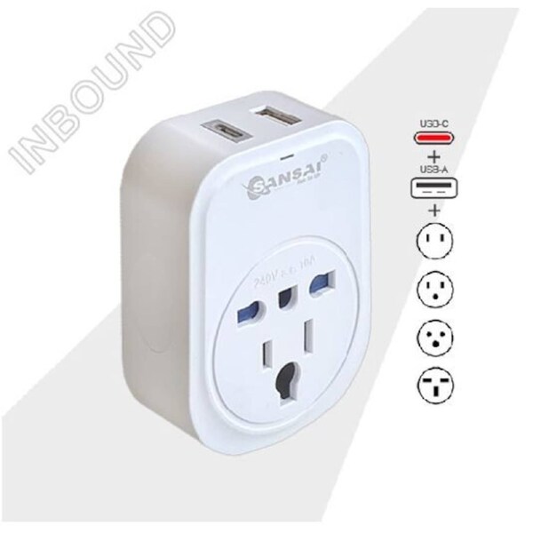 Sansai USB Travel Adaptor USB A + C 2xUSB Charging Outlets 100-240VAC 10A 2400W Compatible with plugs from many countries