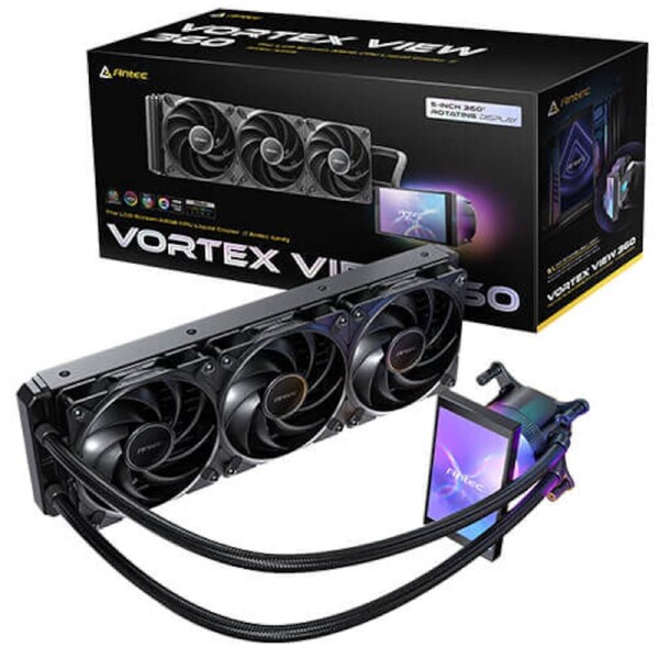 Antec Vortex View 360, 360mm AIO, Intel LGA115X/1200/1700/1851, AMD AM4/AM5, 3x120mm PWM fans, 2000 RPM, 59.23 CFM, 28.6 dB(A), aluminum rad