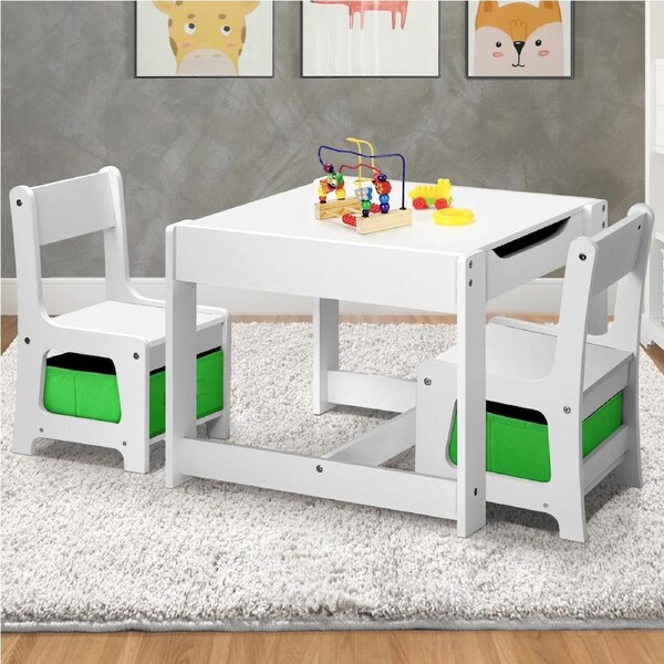 Oikiture Kids Table and Chairs Set Storage Box Toys Play Desk Wooden Study Green & White