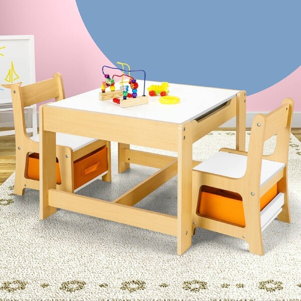 Oikiture Kids Table and Chairs Set Storage Box Toys Play Desk Wooden Study Wooden & White
