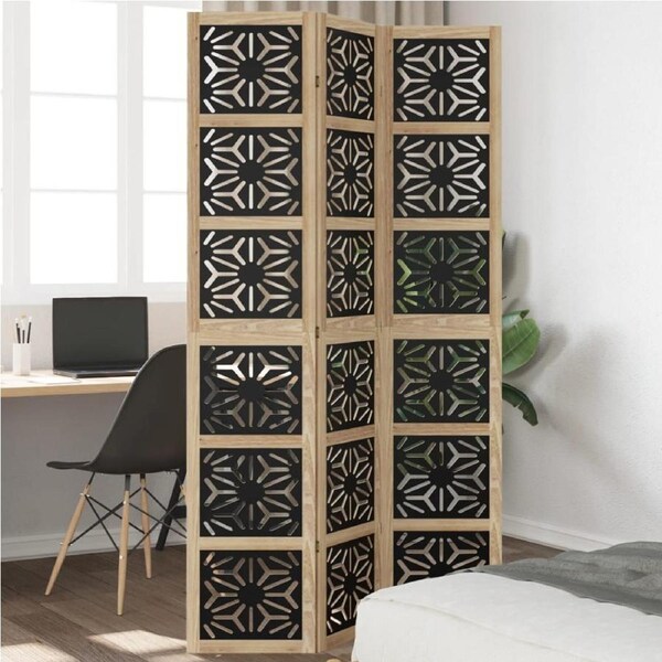 Room Divider 3 Panels Brown and Black Solid Wood Paulownia vidaXL