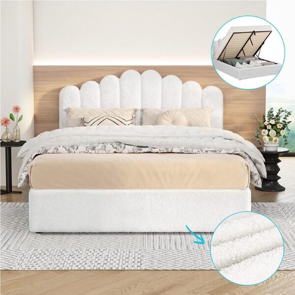ALFORDSON Bed Frame Queen Gas Lift Boucle White