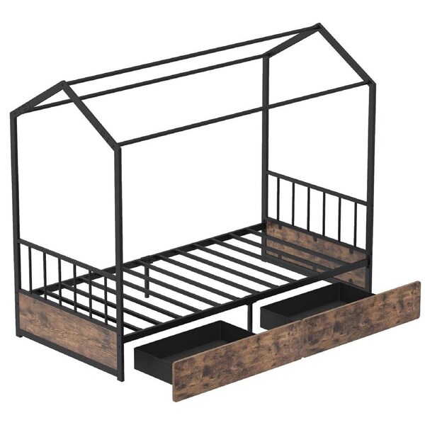 Costway House Bed Single Size Metal Platform Bed 2 Large Drawers Roof Headboard & Footboard Rustic Brown