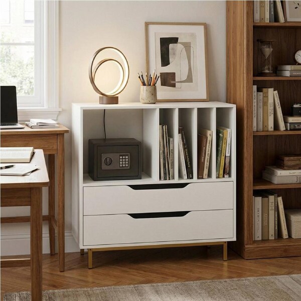 Costway Record Player Stand Modern Turntable Compartment 4 Vinyl Storage Racks 2 Drawer Cabinet Bedside Table White