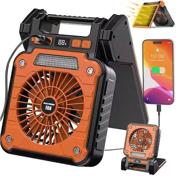 Solar Charging Camping Fan LED light Rechargeable Battery Lantern Power Bank