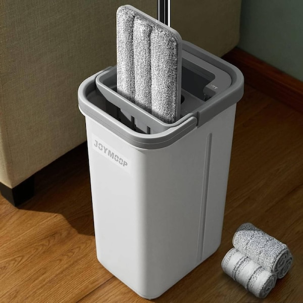 JOYMOOP Mop and Bucket with Wringer Set, Hands Free Flat Floor Mop and Bucket, with 3 Washable Microfiber Pads, Wet and Dry Use, Floor Cleaning System, Floor Cleaner